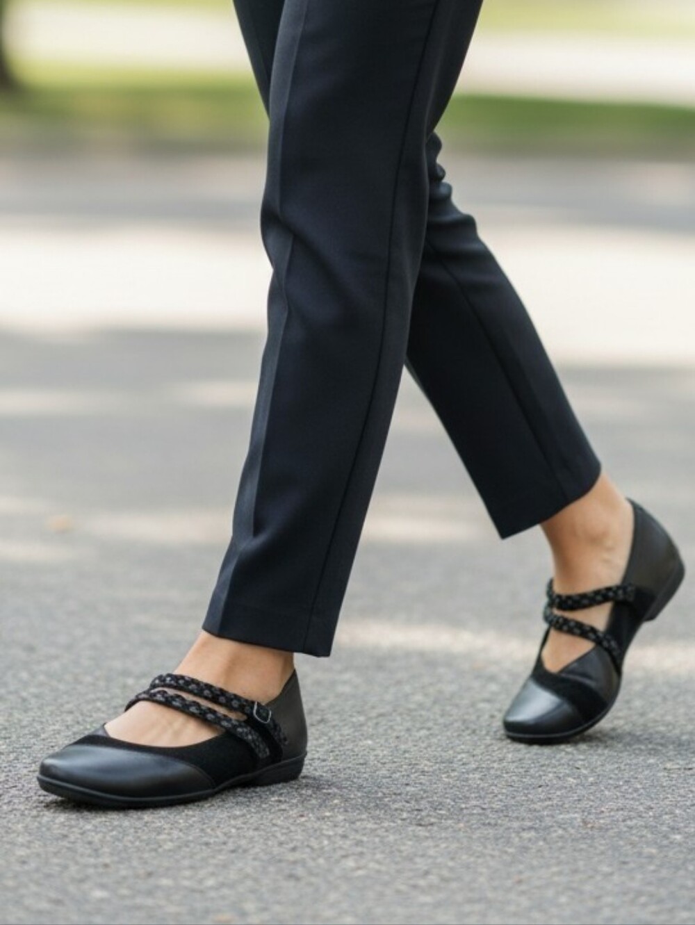 Aetrex "Ada" Black Leather Mary Jane Ballet Flats W/Double Braided Straps